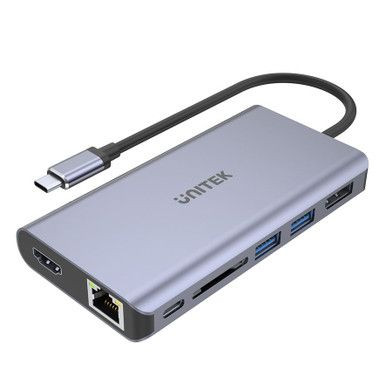 UNITEK 7-in-1 USB 3.1 Multi-Port Hub with USB-C Connector. Includes 1x HDMI Port, 1x DisplayPort, 2x USB-A Ports, 1x RJ45 Gig Port, 1x Card Reader & USB-C PD 100W.  Space Grey Colour.