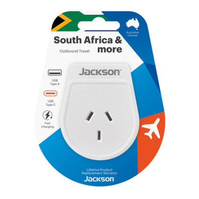 JACKSON Slim Outbound Travel Adaptor 1x USB-A and 1x USB-C (2.1A) Charging Ports.