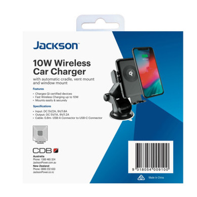 JACKSON 10W Qi Wireless In-Car Phone Charger with Cradle, Vent & Window Mount Options Included.