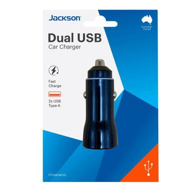 JACKSON 3.4A Dual Port In-Car Phone Charger with 2x USB-A Ports.