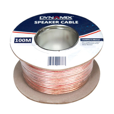 DYNAMIX 50m 14AWG/2.08mm Speaker Cable - OFC 42/0.25BCx2C - Clear PVC Insulation - OD: 3.5 x 7.0mm. Meter Marked