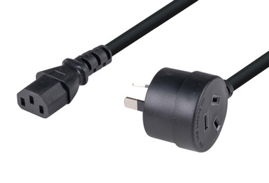 DYNAMIX 2M 3-Pin TAPON Ended Plug to IEC C13 Female Connector 10A SAA Approved Power Cord. 1.0mm copper core. BLACK Colour.