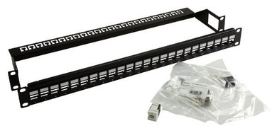DYNAMIX Cat6A 180 Unshielded Keystone patch panel -  24 Port with cable management - 1U Unloaded Panel with 24x FP-C6AUTP-02BK Keystone Jacks