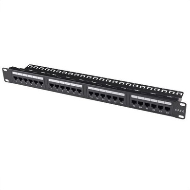 DYNAMIX 24 Port 19'' Cat6 UTP Patch Panel with plastic labelling kit. Rear Support Bar. T568A & T568B Wiring. Dual 110/Krone IDC.