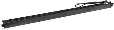 DYNAMIX 20 Outlet Vertical Power Rail  (16x 10A IEC C13 & 4x 16A IEC C19). with 6KA C-Curve Circuit Breaker. Integrated 2m power cord (16A IEC C20) 0RU. Colour Black.