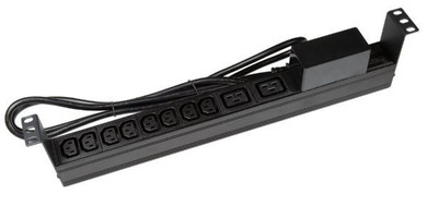 DYNAMIX 10 Outlet Horizontal Power Rail (8x 10A IEC C13 & 2x 16A IEC C19). with 6KA C-Curve Circuit Breaker. Integrated 2m power cord (16A IEC C20) 1RU. Colour Black.