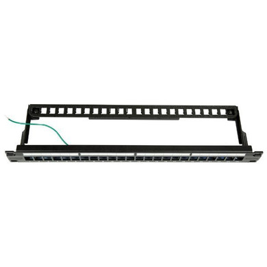 DYNAMIX Horizontal 19 1RU Unloaded 24 Port STP Patch Panel - with Rear Cable Management bar. Includes Earthing Wire and Plastic Labelling Kit. RoHS - Numbered 1-24