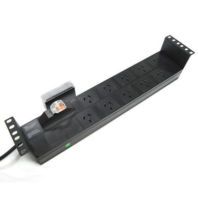 DYNAMIX 10 Outlet 2RU Horizontal Power Rail (10A) with 6kVa C-Curve MCB Circuit Breaker - on/off switch & 50mm Recessed Brackets. Cord with 10A 3 Pin Plug - Colour Black