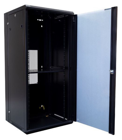 DYNAMIX 27RU 600mm Deep Universal Swing Wall Mount Cabinet. Removable Backmount (600 x 600 x 1365mm). Includes 2x fans - 1x fixed shelf - 10x cage nuts. 6-Way PDU installed. Gloss black colour.