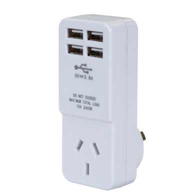 DYNAMIX USB-A Wall Charger with 4x USB-A Outlets & 1x Main Power Socket. Shared 3.6A Quick Charge. 5V 10 Amp, 2400W. Designed for Tablets, Phones & Any Other USB