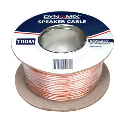 DYNAMIX 100m 18AWG PVC Speaker Cable. Bare Copper. Metre Marked. Transparent Colour with Red Stripe.