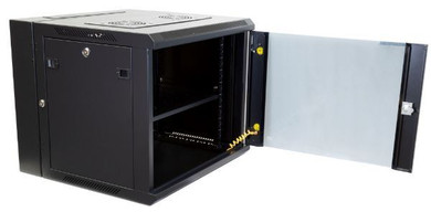 DYNAMIX 9RU Universal Swing Wall Mount Cabinet. Removable Back mount supplied with Left & Right Hinges (600 x 550 x 501mm). Includes 2x fans, 1 x fixed shelf, 10 x cage Gloss black colour.
