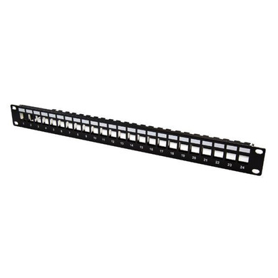 DYNAMIX Horizontal 19'' 1RU Unloaded 24 Port UTP Patch Panel, Keystone Inserts, with Rear Cable Management bar. Grounding Wire Not Included. RoHS, Numbered 1-24.
