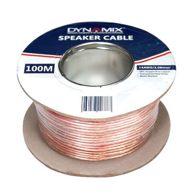 DYNAMIX 50m 14AWG/2.08mm Speaker Cable, OFC 42/0.25BCx2C, Clear PVC Insulation, OD: 3.5 x 7.0mm. Meter Marked