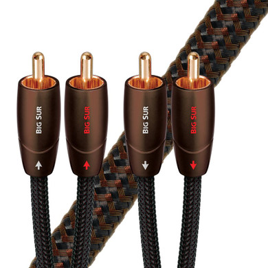 AUDIOQUEST Big Sur 1.5M 2 to 2 RCA male. Solid perf surface Copper plus. Gold Plated/cold welded termination. Foamed-Polyethylene dielectric. Metal layer noise dissi pation. Jacket- brown - black braid