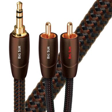 AUDIOQUEST Big Sur 3M 3.5mm to 2 RCA. Solid perf surface Copper plus. Gold Plated/cold welded termination. Foamed-Polyethylene dielectric. Metal layer noise dissi pation. Jacket- brown - black braid