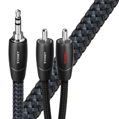 AUDIOQUEST Sydney 2M 3.5mm to 2 RCA. Solid perfect surface copper plus. Polyethylene air-tubes. Carbon-based noise-dissipation. Jacket - dark grey - black braid.