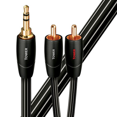 AUDIOQUEST Tower 1.5M 3.5mm to 2 RCA. Solid Long Grain Copper. Gold Plated/cold welded termination Foamed-Polyethylene dielectric Metal layer noise dissipation Jacket - black with white stripes P