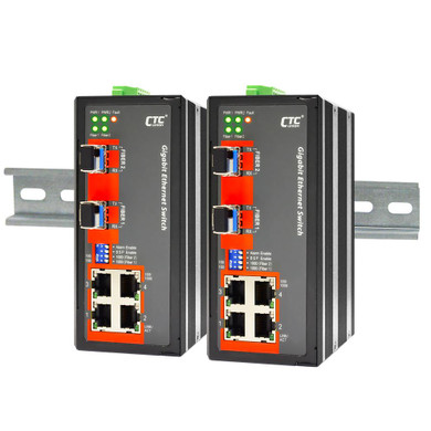CTC UNION 4 Port Gigabit Unmanaged Switch. -40C~+75C. 4x 10/100/1000Base-T(X) - plus 2x 100/1000Base-X SFP. Power consumption 12/24/48V/7.9W. Dinmount kit included.
