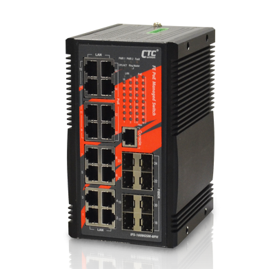 CTC UNION Industrial grade 16 Port Gigabit Managed PoE+ Switch. 8x Gbe SFP - 8x PoE+ (Max 240W). Operating temperature range (-10 to 60C). Housed in rugged DIN rail.