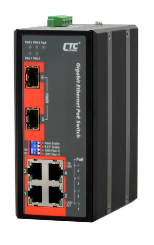 CTC UNION 4 Port Gigabit Unmanaged PoE Switch. -40C ~+75C. 4x 10/100/1000Base-T(X) - plus 2x100 /1000Base-X SFP. PoE+ power budget 120W. Power consumption V DC/W: 24/143.3 - 48/138.2. Din-kit incl.