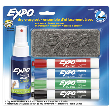 EXPO Dry Erase Markers Chisel Tip with Cleaning Spray & Eraser Includes Red - Blue - Green - & Black Colours. Bright - Vivid - Non-toxic Ink. Quick Drying. Smear-proof. Erases Cleanly & Easily with Cloth.
