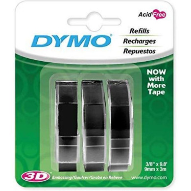 DYMO Genuine Embossing Label Tape. 3PK - 9mm x 3m. Use them indoors or outdoors. Tape will stick to any smooth clean surface. Black Colour.