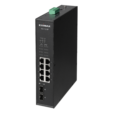 EDIMAX Industrial 10-Port Gigabit PoE+ DIN Rail Switch. 8 x Gigabit Ethernet Ports - 2 SFP Uplink Port. PoE up to 200m at 10Mps. QoS 802.1p for Video & Voice Traffic Priority. Supports up to 30W per port. IP30.