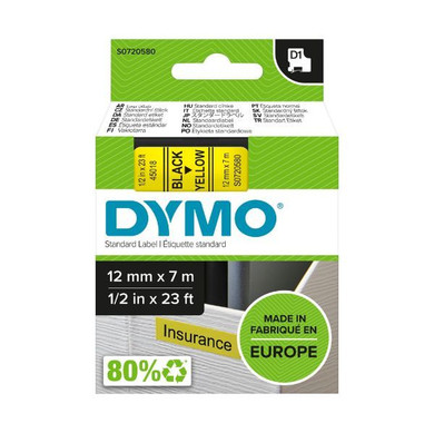 DYMO Genuine D1 Label Cassette Tape 12mm x 7M - Black on Yellow Suitable for the Label  Manager and LabelWriter Duo label makers