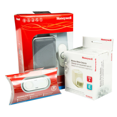 HONEYWELL Wireless Series 3 Portable Doorbell Bundle. Includes 2x Wireless Push Buttons (HONDCP511GA) & 1x Motion Detector (HONRCA902A). Up to 150m Range -
