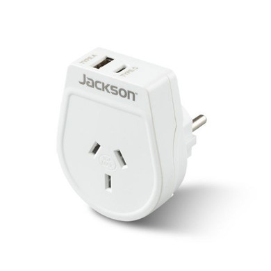 JACKSON Slim Outbound Travel Adaptor 1x USB-A and 1x USB-C (2.1A) Charging Ports. Converts NZ/AUS Plugs for use in Europe - Bali & More.