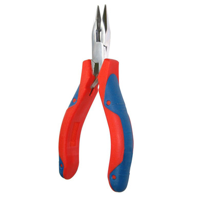 GOLDTOOL 120mm Long Nose Mirror Polished CRV Precision Plier. 28mm Nose - Serrated Jaws with Cutter - Double Leaf Springs. Rubber Easy Grip Handles for Greater Comfort.