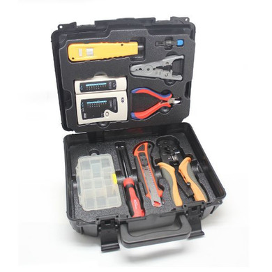 GOLDTOOL 9 Piece LAN Basic Repair Tool Kit with Heavy Duty Plastic Case. Includes Punch Down Tool - LAN Cable Tester - Modular Crimping Tool - Stripper & Cutter - Diagonal Cutter - Utility Knife & Much More
