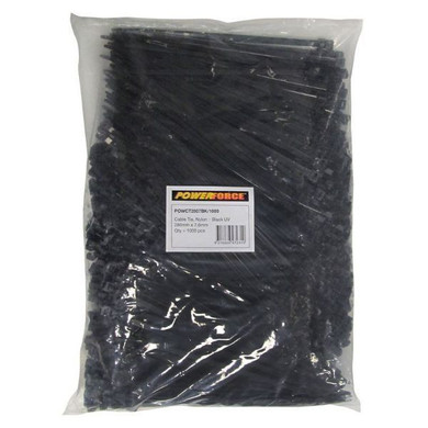 POWERFORCE Cable Tie Black UV 280mm x 7.6mm Weather Resistant Nylon. Pack of 1000. Made from U.L. Approved Nylon 6/6 with Flamability Rating of UL 94V-2.