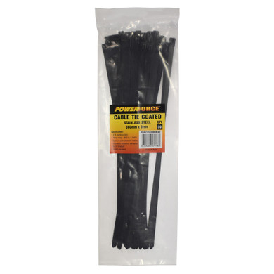 POWERFORCE Cable Tie 316SS Coated 360mm x 8mm Pack of 50. Self Locking ball-lock design. Chemical - Corrosion - Salt Spray and UV Resistant. Temp range: -80C to +150C. Halogen Free & Non-magnetic