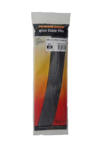 POWERFORCE Cable Tie Black UV 300mm x 4.8mm Weather Resistant Nylon. Pack of 100. Made from U.L. Approved Nylon 6/6 with Flamability Rating of UL 94V-2.