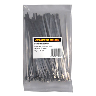 POWERFORCE Cable Tie 316SS 360mm x 4.6mm Pack of 100. Self Locking Ball-lock design. Temp Range: -80C to +500C. Weather - Water - Salt Spray - Corrosion - Fire and UV Resistant. Non-magnetic.