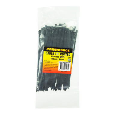 POWERFORCE Cable Tie 316SS Coated 200mm x 4.6mm Pack of 100. Self Locking ball-lock design. Chemical - Corrosion - Salt Spray and UV Resistant. Temp range: -80C to +150C. Halogen Free & Non-magnetic
