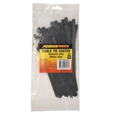 POWERFORCE Cable Tie 316SS Coated 200mm x 8mm Pack of 50. Self Locking ball-lock design. Chemical - Corrosion - Salt Spray and UV Resistant. Temp range: -80C to +150C. Halogen Free & Non-magnetic