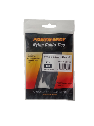 POWERFORCE Cable Tie Black UV 80mm x 2.5mm Weather Resistant Nylon. Pack of 100. Made from U.L. Approved Nylon 6/6 with Flamability Rating of UL 94V-2.