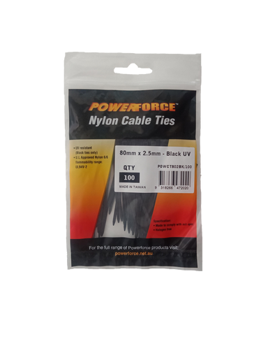 POWERFORCE Cable Tie Black UV 80mm x 2.5mm Weather Resistant Nylon. Pack of 100. Made from U.L. Approved Nylon 6/6 with Flamability Rating of UL 94V-2.