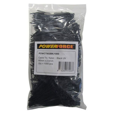 POWERFORCE Cable Tie Black UV 80mm x 2.5mm Weather Resistant Nylon. Pack of 1000. Made from U.L. Approved Nylon 6/6 with Flamability Rating of UL 94V-2.