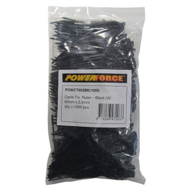 POWERFORCE Cable Tie Black UV 80mm x 2.5mm Weather Resistant Nylon. Pack of 1000. Made from U.L. Approved Nylon 6/6 with Flamability Rating of UL 94V-2.