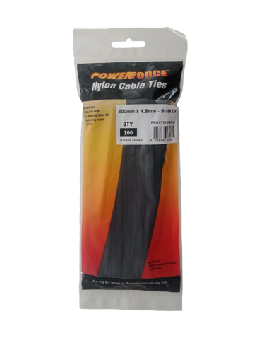 POWERFORCE Cable Tie Black UV 200mm x 4.8mm Weather Resistant Nylon. Pack of 100. Made from U.L. Approved Nylon 6/6 with Flamability Rating of UL 94V-2.