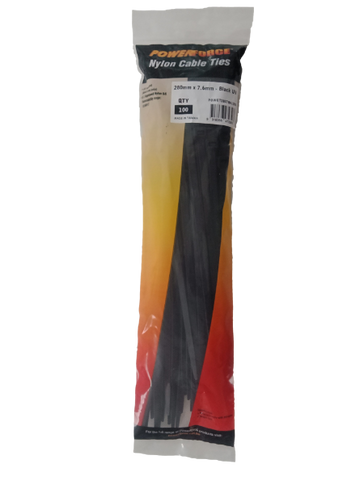 POWERFORCE Cable Tie Black UV 280mm x 7.6mm Weather Resistant Nylon. Pack of 100. Made from U.L. Approved Nylon 6/6 with Flamability Rating of UL 94V-2.