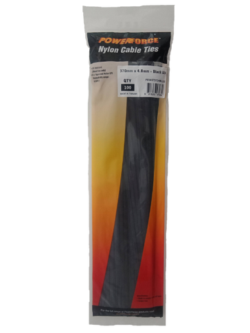 POWERFORCE Cable Tie Black UV 370mm x 4.8mm Weather Resistant Nylon. Pack of 100. Made from U.L. Approved Nylon 6/6 with Flamability Rating of UL 94V-2.