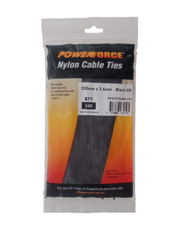 POWERFORCE Cable Tie Black UV 150mm x 3.6mm Weather Resistant Nylon. Pack of 100. Made from U.L. Approved Nylon 6/6 with Flamability Rating of UL 94V-2.