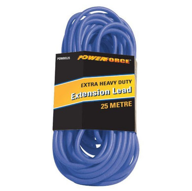 POWERFORCE 25m 15A Extra Heavy Duty Power Extension Lead 3 Core 1.5mm Cable. Power-On LED in Clear Moulded Plastic. 15A Plug. Blue Colour.