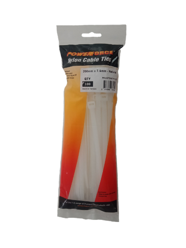 POWERFORCE Cable Tie Natural 200mm x 7.6mm Nylon Pack of 100. Made from U.L. Approved Nylon 6/6 with Flamability Rating of UL 94V-2