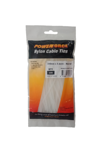 POWERFORCE Cable Tie Natural 150mm x 3.6mm Nylon Pack of 100. Made from U.L. Approved Nylon 6/6 with Flamability Rating of UL 94V-2